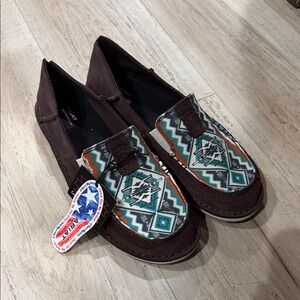 Ariat Brown Loafers with Teal and Orange Aztec Pattern